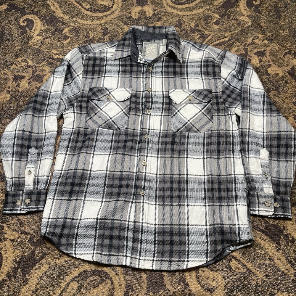Vtg 90s NK RANCH Black White FLANNEL LONG SLEEVE SHIRT Mens Size Medium